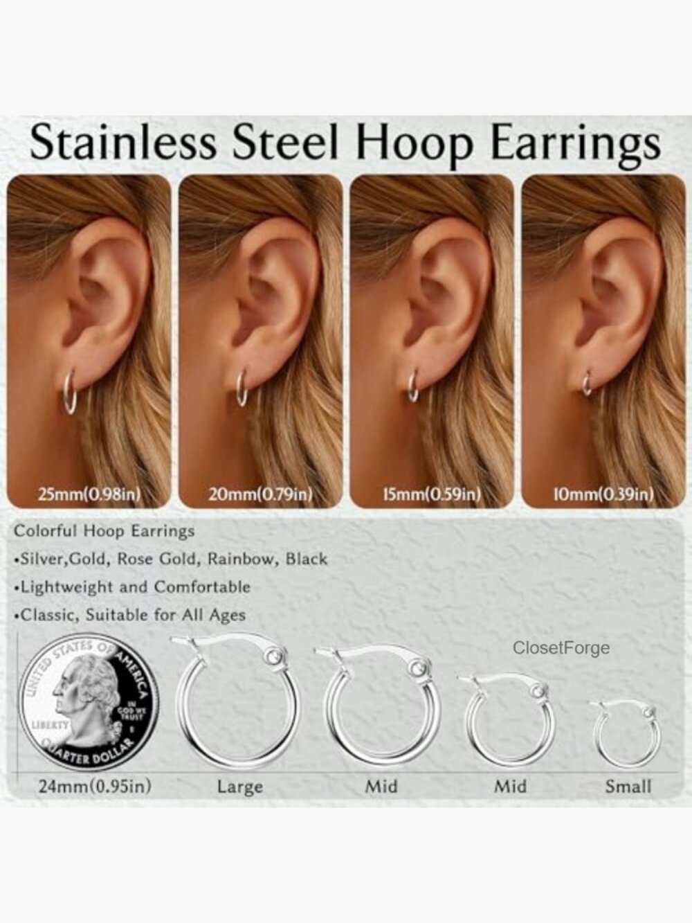 Surgical Steel Hoop Earrings Set 10mm15mm20mm25mm Multiple Piercing - Picture 3 of 6